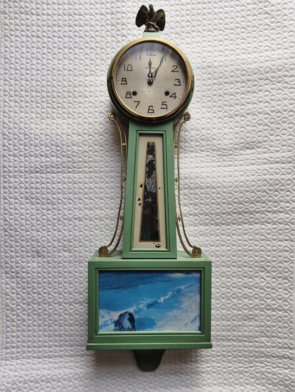 Antique New Haven Whitney Banjo Wall Clock Green Case Vintage w/ Original Keys